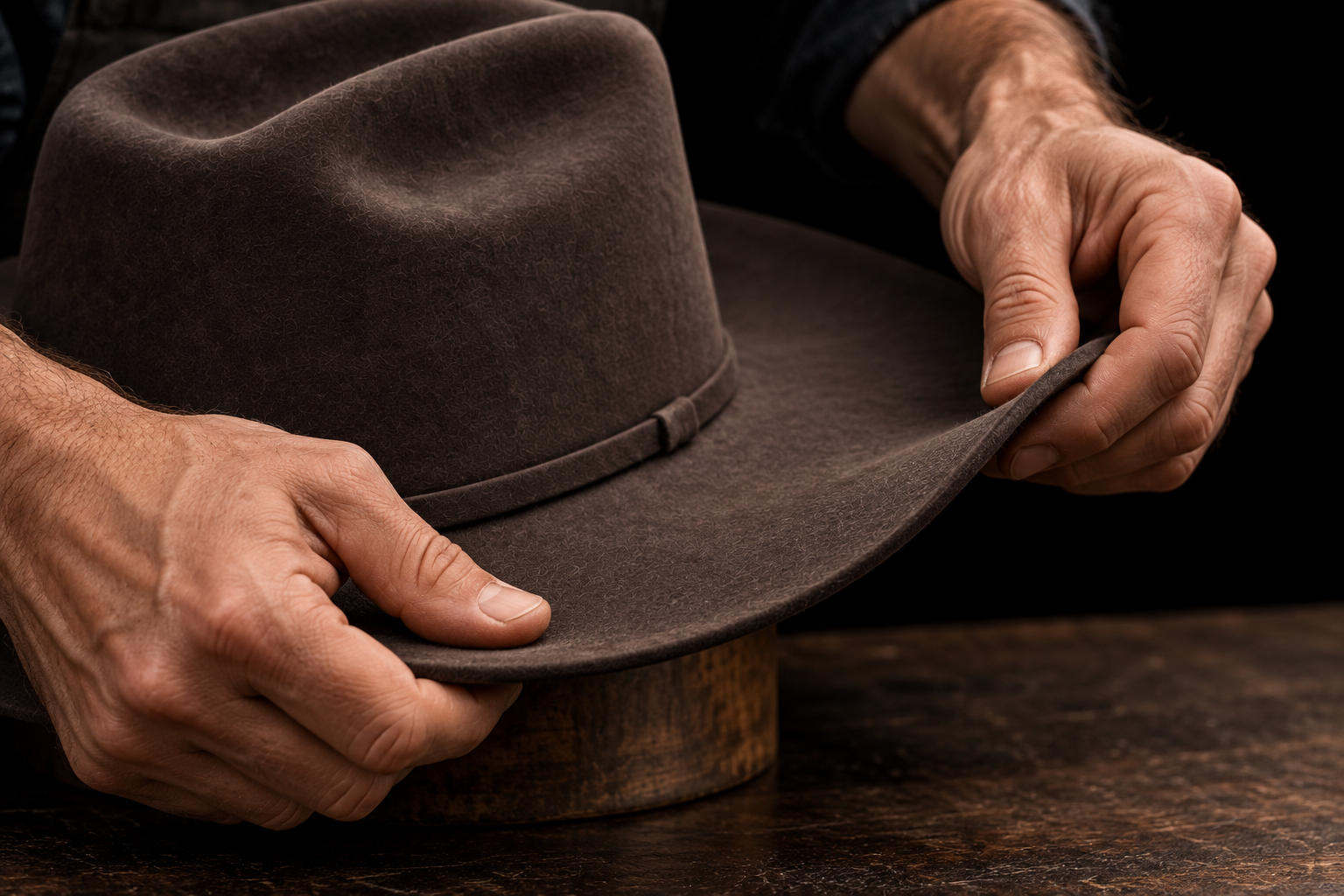 A hatmaker working the brim of a Canyon felt hat