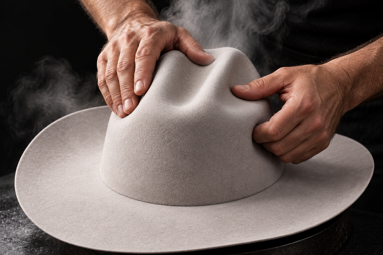 A hatmaker shaping a Salt felt cattleman crown over steam