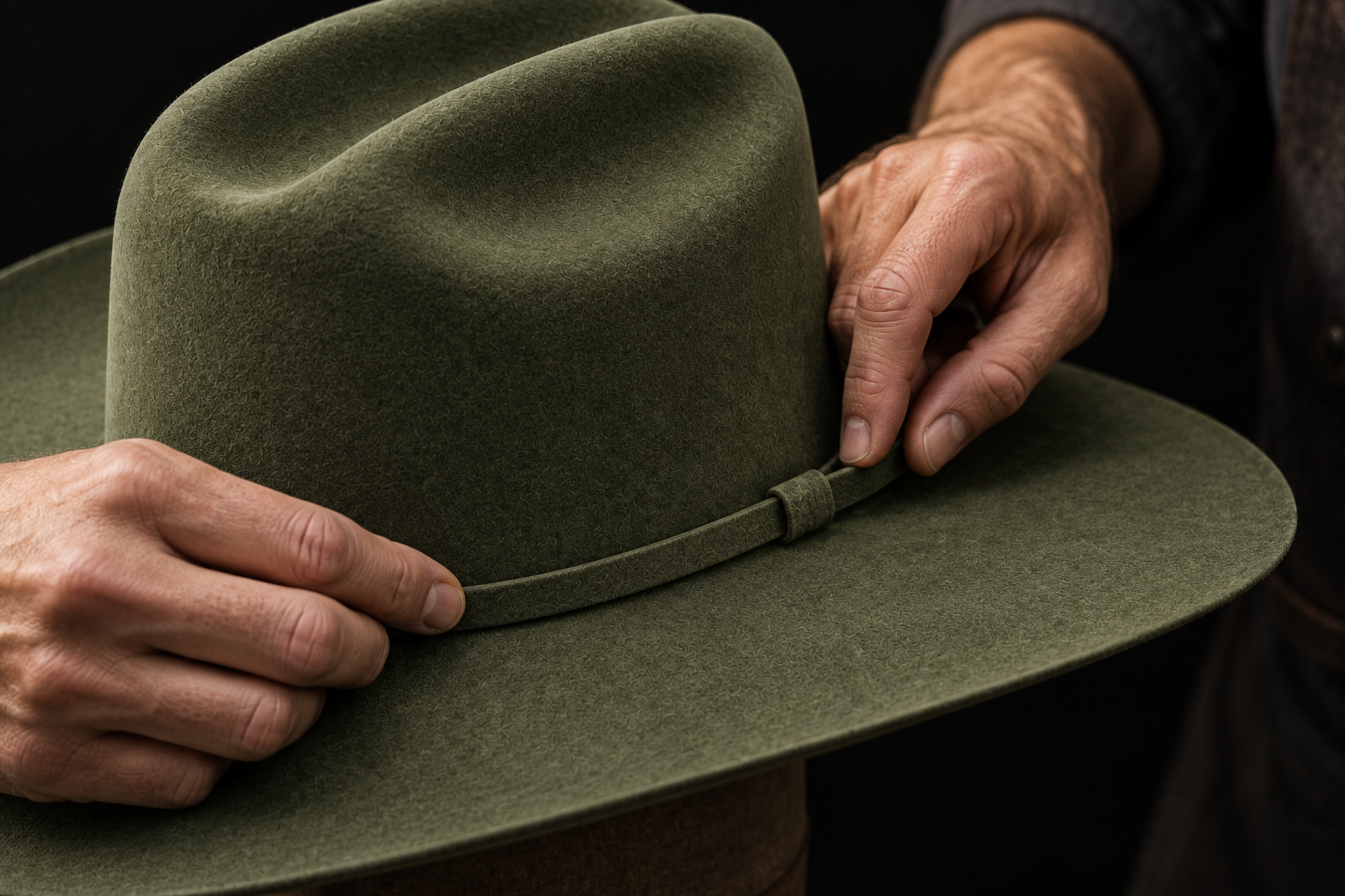 A hatmaker adding the finishing band to a Juniper felt hat